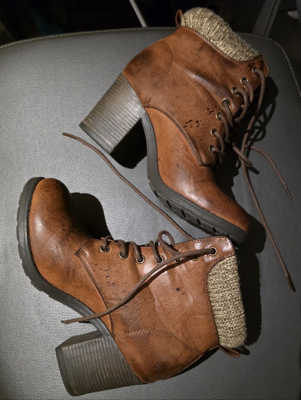 EUC- MIA -Brown Lace-Up Block Heel Ankle Boots
